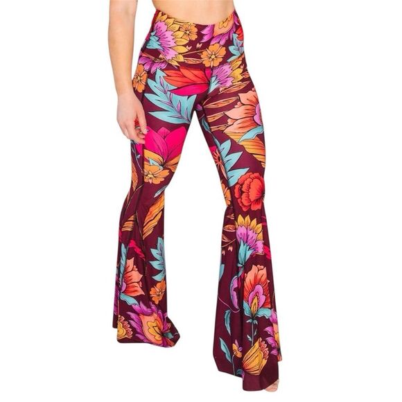 Yoga Democracy Original Bell Bottoms Indie Flow Maroon Orange Floral Size Small - Picture 1 of 10